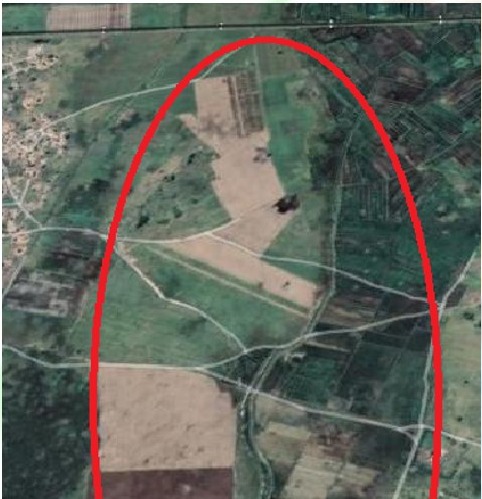Vista aérea da área da Represa I do ISPG, delimitada por um contorno vermelho